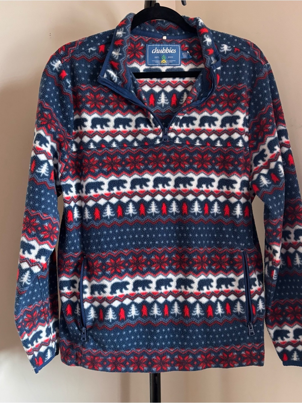 Chubbies Mens Fleece Quarter Zip Pullover Bear Fair Isle Blue Red